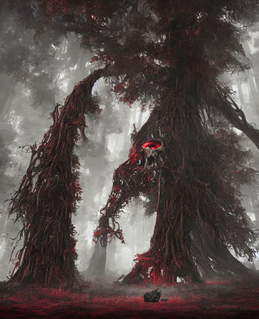 Prompt: sacred giant tree with a skeleton sleeping in the trunk, red forest, epic painting, dark concept art, octane render, extremely detailed