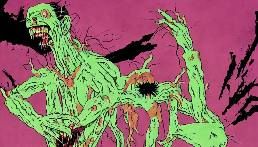 Prompt: a disgusting and vile monster eating a person, neon genesis evangelion inspired, The Thing, Horror necro-morph by Cronenberg and greg nicotero special effects