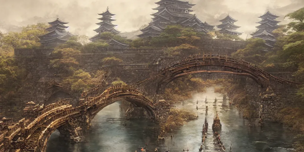 Image similar to japan middle age, giant fortress with cannons guarded by samurais, is built on a strong old wooden bridge, giant goddess with swords, morning, matte painting, concept art, james gurney, greg rutkowski, unreal engine, artstation, john howe