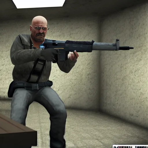 Prompt: walter white with a p 9 0 submachine gun in csgo, video game, third person, shooting at distant targets, high resolution