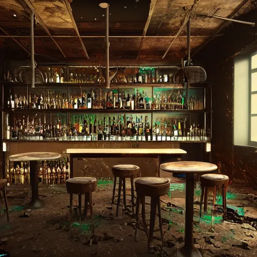 Prompt: an abandoned bar inside out view, table, broken glasses, fantastic, digital art, Hyperdetailed, Unreal Engine 5, octane render