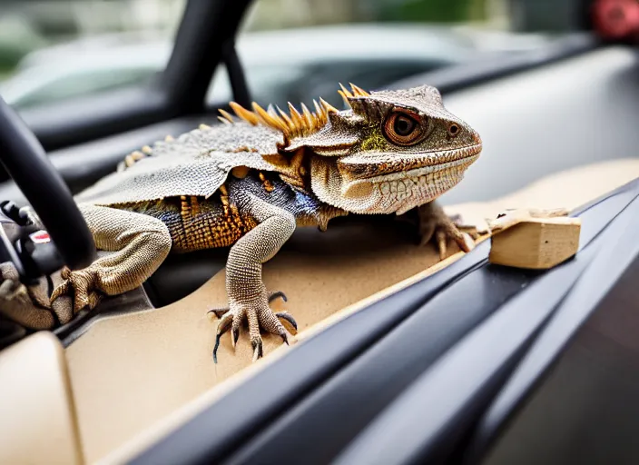 Image similar to dslr portrait still of a bearded dragon driving a little toy car, 8 k 8 5 mm f 1. 4