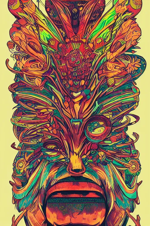 Image similar to animal mask totem roots flower tribal feather gemstone plant wood rock shaman vodoo video game vector cutout illustration vivid multicolor borderlands comics by josan gonzales and dan mumford radiating a glowing aura