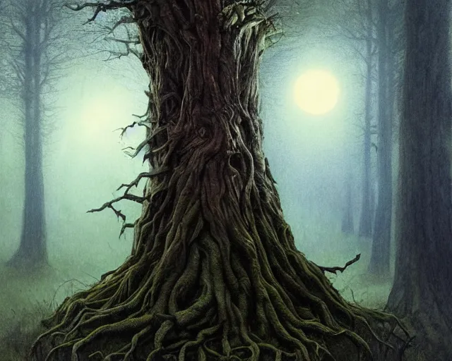 Image similar to a talking oak tree, huge face in the bark, eyes in the bark, mouth in the bark, horror concept art, sharp teeth, digital painting, oil painting, hyperrealistic, treebeard, ent, undead, fantasy monster, moonlight, in the forest, by alan lee, by artgerm