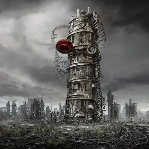 Image similar to giant evil bio-organic fleshy complex machine tower with tendrils and one eyeball at the top looking over a stormy post-apocalyptic wasteland, dystopian art