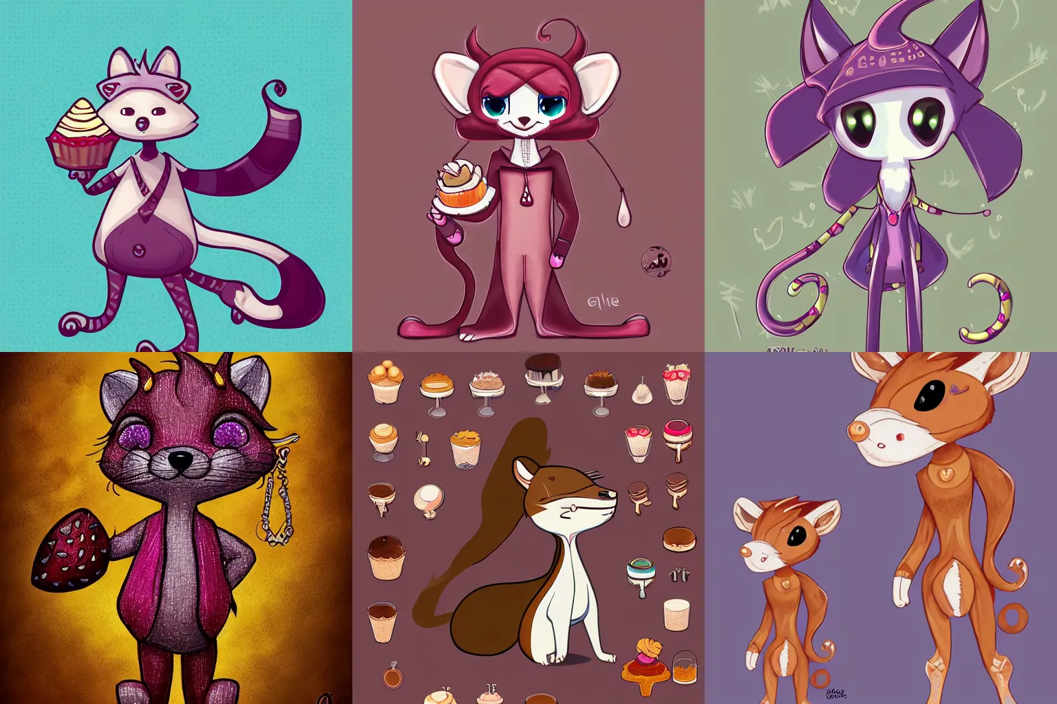 Prompt: anthropomorphic weasel adoptable, dessert themed, colorful, white background, extremely detailed, lots of jewelry, male or female, symmetrical pose, full body, digital art, big pixel art style of eellie, witchpaws, UHD, deviantart or Twitter adoptable, kawaii, cuteartists, galaxy glaze, Instagram character concept,