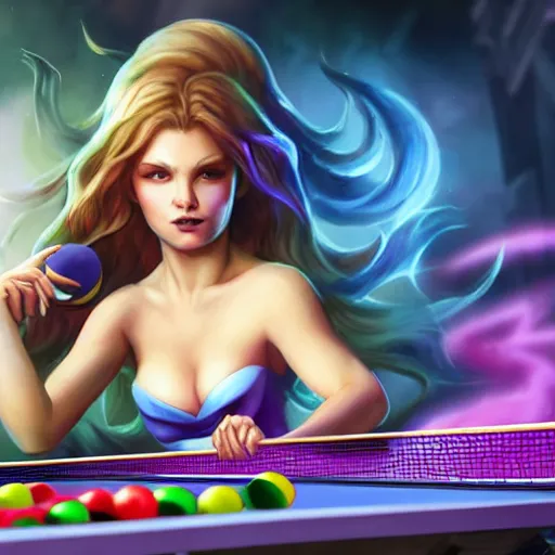 Prompt: kaisa from league of legends, daughter of the void, portrait, playing table tennis