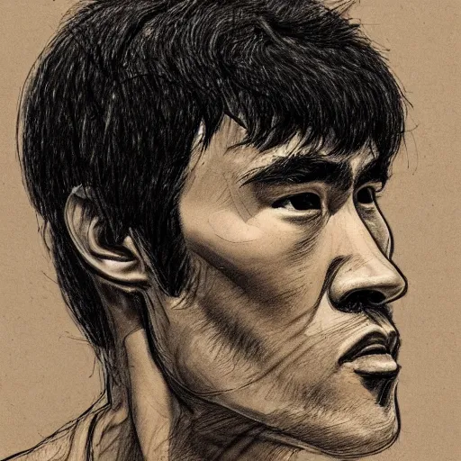 Prompt: a realistic yet scraggly portrait sketch of the side profile of a stern and sophisticated bruce lee, trending on artstation, intricate details, in the style of frank auerbach, in the style of sergio aragones, in the style of martin ansin, in the style of david aja, in the style of mattias adolfsson