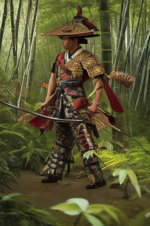 Image similar to close up of samurai general in full armor, in a bamboo forest, by vladimir volegov and alexander averin and delphin enjolras and daniel f. gerhartz, ultra realistic, concept art, intricate details, highly detailed, photorealistic, octane render, 8 k, unreal engine