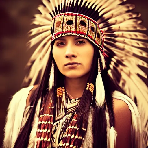 Image similar to a beautiful portrait of a native american woman with ornate clothing and beautiful fully rendered pretty face, dusk, cinematic, high resolution