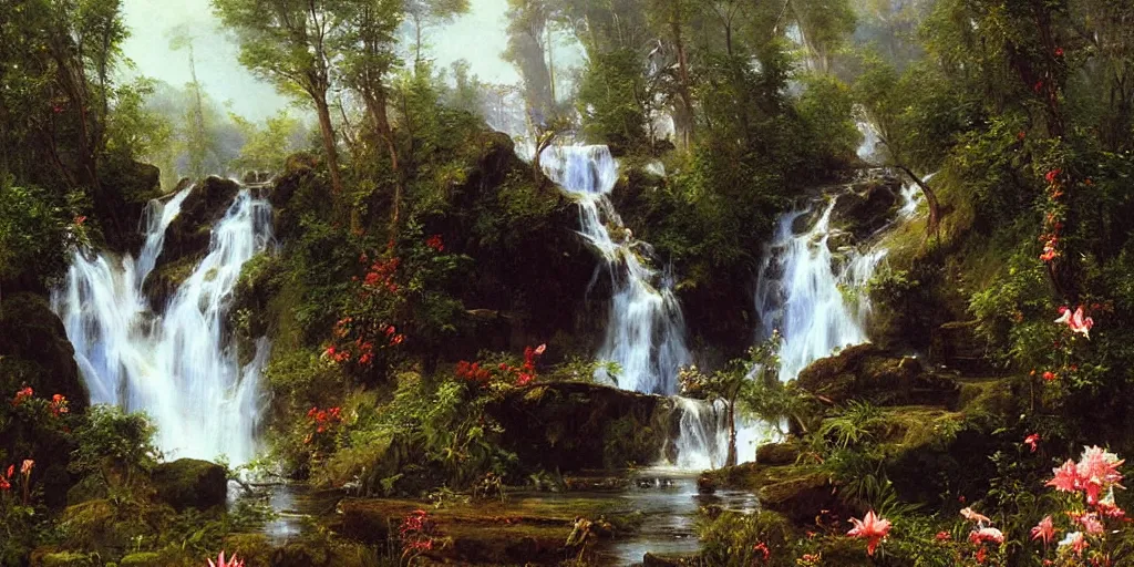 Image similar to scene of dreamlike cascading waterfalls, lilies, naturalistic art, by frederic edwin church,