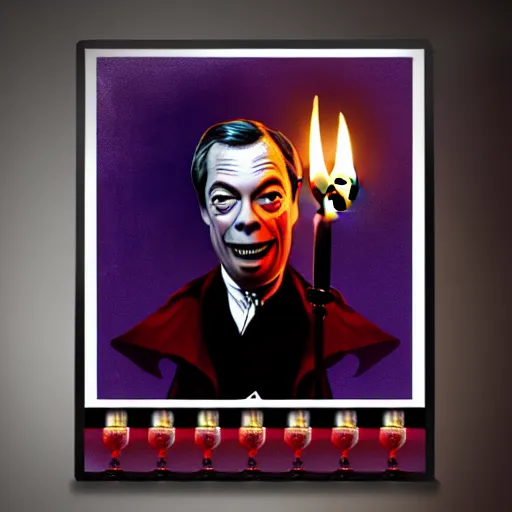 Prompt: nigel farage as count dracula, dramatic movie poster, candle light, digital art, detailed, dark intense colors