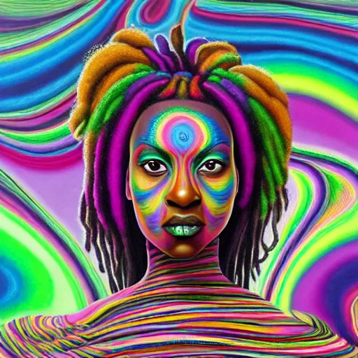 Prompt: a wide angle shot of a black girl with colorful dreadlocks in a field of candy, by Adi granov and afarin sajedi and amanda sage and evgeni gordiets and Agostino Arrivabene and adonna khare in a psychedelic portrait style, ultrarealistic matte painting, volumetric lighting, fractal, extremely symmetrical, highly detailed face, orisha, 8k, hd