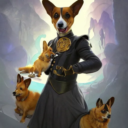 Image similar to “a magician enlarging their pet corgi through augmentation, Magic the Gathering, Simic experiment, Strixhaven, Quandrix, D&D, fantasy, intricate, cinematic lighting, highly detailed, digital painting, artstation, concept art, smooth, sharp focus, illustration, art by Artgerm and Greg Rutkowski and Alphonse Mucha”