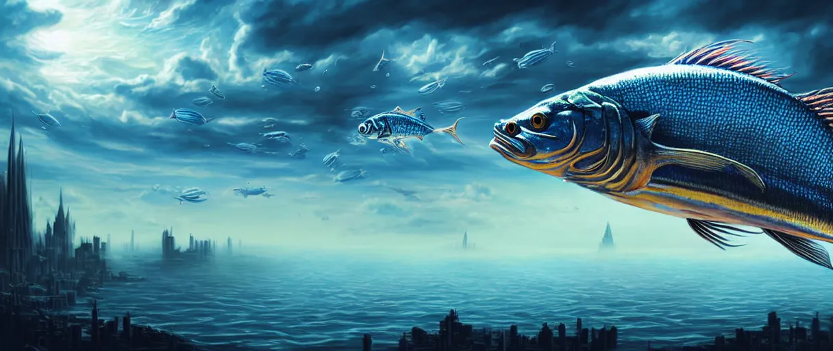 Prompt: hyperrealistic very detailed cyborg fish swimming through puffy clouds above dystopian city matte painting concept art salvador dali alex grey cinematic soft glow lighting high angle hd 8k sharp shallow depth of field
