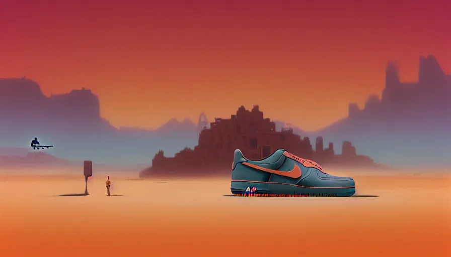 Image similar to a beautiful matte painting of nike air force 1 shoe in desert of morocco, simon stalenhag and jakub rozalski and alan bean, trending on artstation, realistic rendering