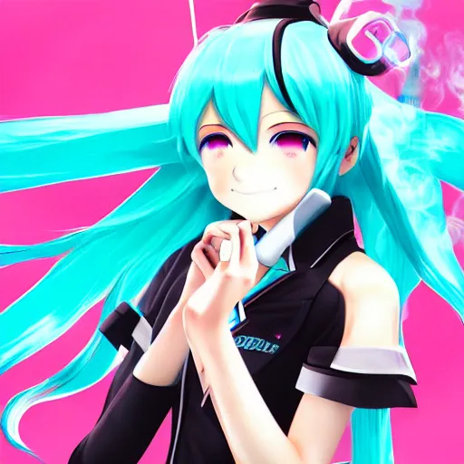 Image similar to hatsune miku smoking a vape pen in her right hand | smoke coming out of her mouth, artstation, 4 k