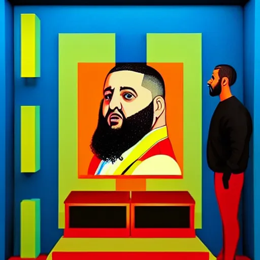 Image similar to ultra realistic portrait of dj khaled in a studio, ultra detailed, under blue, red and yellow cinematic lighting, salvador dali, cartoon, monument valley, escher