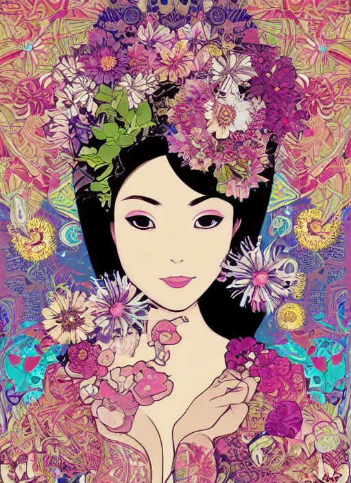 Image similar to !!! very coherent!!! vector art, beautiful floralpunk balinese cyborg portrait girl female illustration detailed patterns art of bali traditional dress, hands wearing gloves, flower pop art, floral splash painting, art by ashley wood, alphonse mucha, makoto shinkai, geof darrow, dark shadow