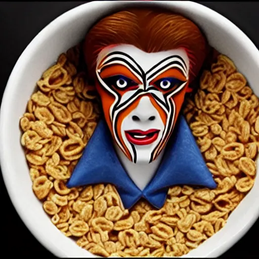 Image similar to a cereal bowl in a shape of bowie face, in labyrinth,