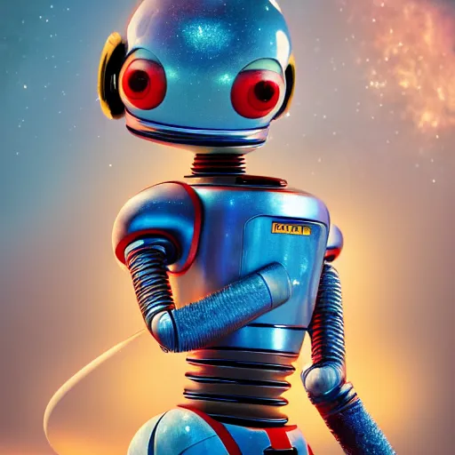 Image similar to space robot holding big paintbrushes, painting a canvas, cute, pixar, galaxy, photorealism 4 k, octane render, clean design, beautiful light