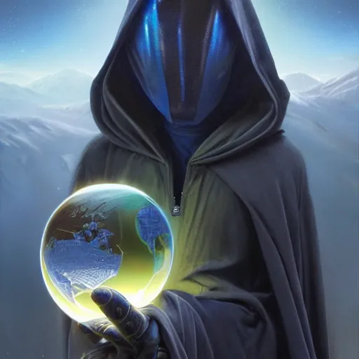 Image similar to masked nomad male wearing a cloak on an alien world and holding a holographic planet projection in his hand, detailed, sci - fi, digital painting, artstation, sharp focus, illustration, ominous, artgerm, tomasz alen kopera, peter mohrbacher, donato giancola, joseph christian leyendecker, wlop, frank frazetta