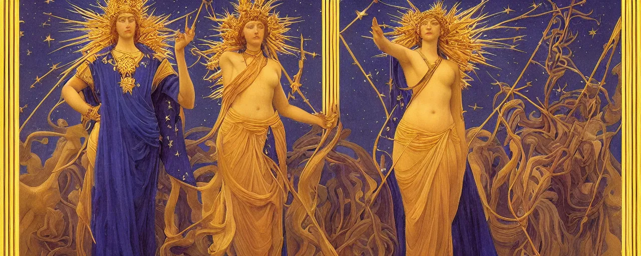 Image similar to saint woman, venus, athena, queen, by annie swynnerton and nicholas roerich and jean delville, strong dramatic cinematic lighting, ornate headdress, flowing robes, spines, flowers, stars, lost civilizations, smooth, sharp focus, extremely detailed, marble, obsidian, gold, space