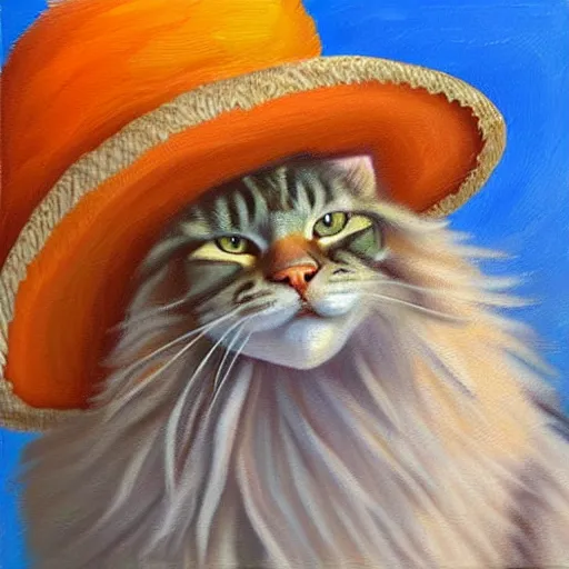 Image similar to Beautiful impasto Oil painting of an orange Maine-coon with a white beard. wearing a wide-brimmed straw sombrero sombrero