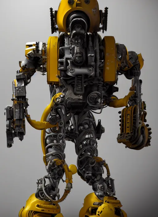 Image similar to a photorealistic dramatic hyperrealistic render of a futuristic exosuit power loader heavy machinery, ultra realistic details, glossy yellow, well worn, rust, oil stains by vitaly bulgarov and mike nash, beautiful dramatic dark moody tones and lighting, cinematic atmosphere, studio lighting, global illumination, shadows, dark background, octane render, 8 k