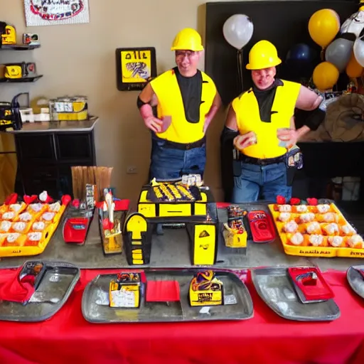 Image similar to a dewalt themed birthday party with everyone dressed as construction workers, 4k, realism, photorealistic, detailed, dewalt, power drills