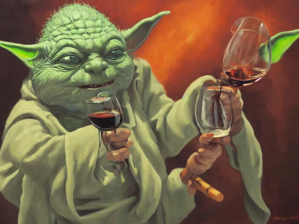 Image similar to an old oil painting of a dizzy yoda drinking wine, trending on artstation