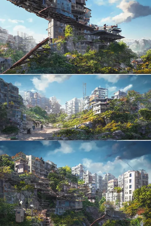 Prompt: an awesome sunny day environment concept art on a cliff, architecture by kengo kuma, makoto shinkai and wes anderson with village, residential area, mixed development, highrise made up staircases, balconies, full of glass facades, cgsociety, fantastic realism,, artstation hq