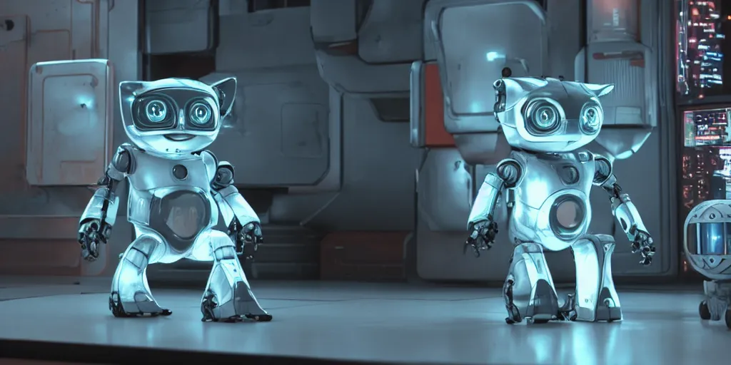 Image similar to a 3 d rendered movie of a cute robot kitten with whiskers. the robot has rgb lighting implants and it resembles a maine coon kitten. in the background is a cat tree ( cyberpunk ) for robots. dramatic lighting. science fiction blockbuster movie, imax 7 0 mm. octane 3 d render, style of mandalorian ( american space western television series ) but about robots