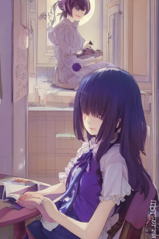 Prompt: a girl playing with a cat A comfortable study room at night,purple and blue theme,,S line,hard edges,jk uniform ,Hairdryer by mucha and krenz cushart and range murata