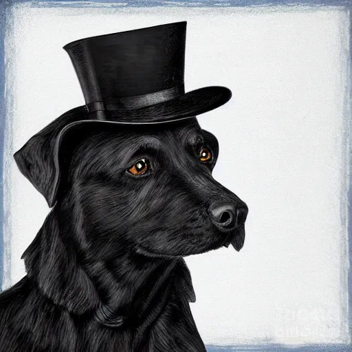 Image similar to portrait of a black dog wearing a suit and a top hat and a monocle on one eye, digital painting, duotone