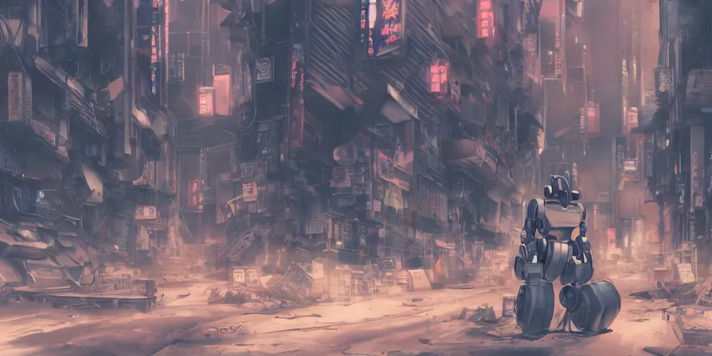 Prompt: a robot mecha wandering in a deserted shinjuku junk town, anime watercolor, soft bloom lighting, paper texture, movie scene, cyberpunk, animatronic, black smoke, pale beige sky pencil marks hd, 4k, remaster, dynamic camera angle, deep 3 point perspective, fish eye, dynamic scene