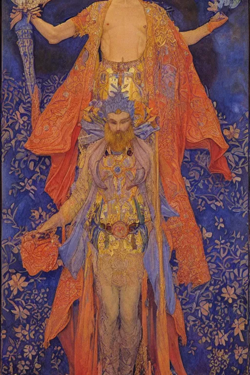 Image similar to coronation of the flower prince, by Annie Swynnerton and Nicholas Roerich, embroidered brocade, tattoos, elaborate costume, geometric ornament, symbolist, rich colors, dramatic lighting, smooth, sharp focus, extremely detailed