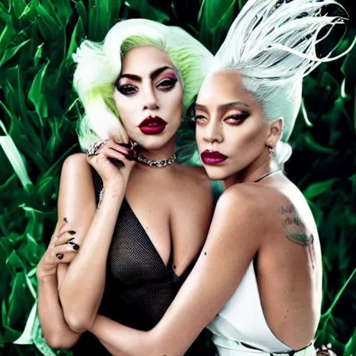 Image similar to lady gaga and rihanna photoshoot vogue magazin, highly realistic. high resolution. highly detailed. dramatic. 8 k. 4 k.