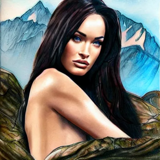 Image similar to realism tattoo sketch of double exposure megan fox with beautiful mountain scenery, in the style of andrey lukovnikov