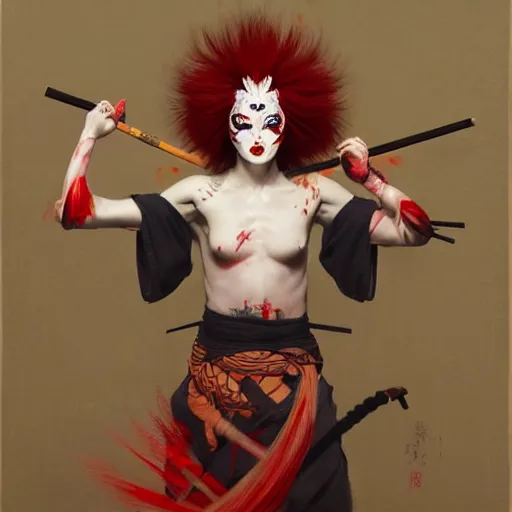 Image similar to an insane kabuki warrior wielding a spear while emitting a visible aura of madness, intricate hakama, red wig, crossed eyes, hazy atmosphere, high energy, in the style of jeremy lipking and peter mohrbacher,