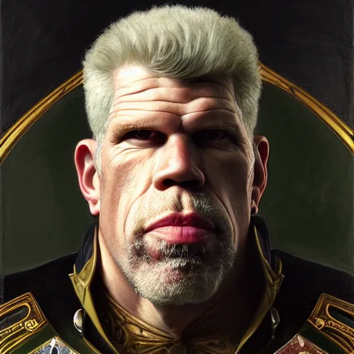 Image similar to full portrait of ron perlman as colonel wednesday bologna, fantasy, d & d, intricate, detailed, by by alphonse mucha, adolfo hohenstein, alice russell glenny, stanley artgerm lau, greg rutkowski, detailed, trending on artstation, trending on artstation, smooth