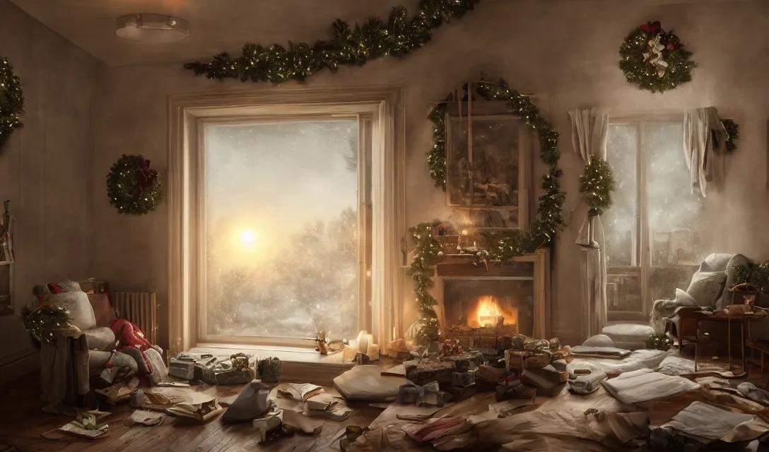 Image similar to a christmas eve in a beautiful home, photorealistic landscape painting on the wall, ascher clemens, home, interior, octane render, deviantart, greg rutkowski, cinematic, key art, hyperrealism, canon eos c 3 0 0, ƒ 1. 8, 3 5 mm, 8 k, medium - format print