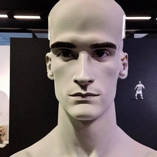 Image similar to “ a realistic detailed photo of a guy who is an attractive humanoid who is half robot and half humanoid, who is a male android, soccer player antoine griezmann, shiny skin, posing like a statue, blank stare, at the museum, on display ”