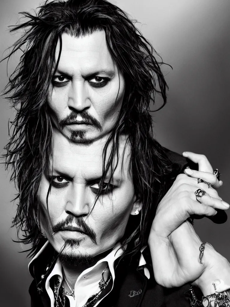 Image similar to portrait of johnny depp in black and white with dior logo, mysterious, inhumane, sauvage detailed, hd, hq, high resolution, high detail, 4 k, 8 k