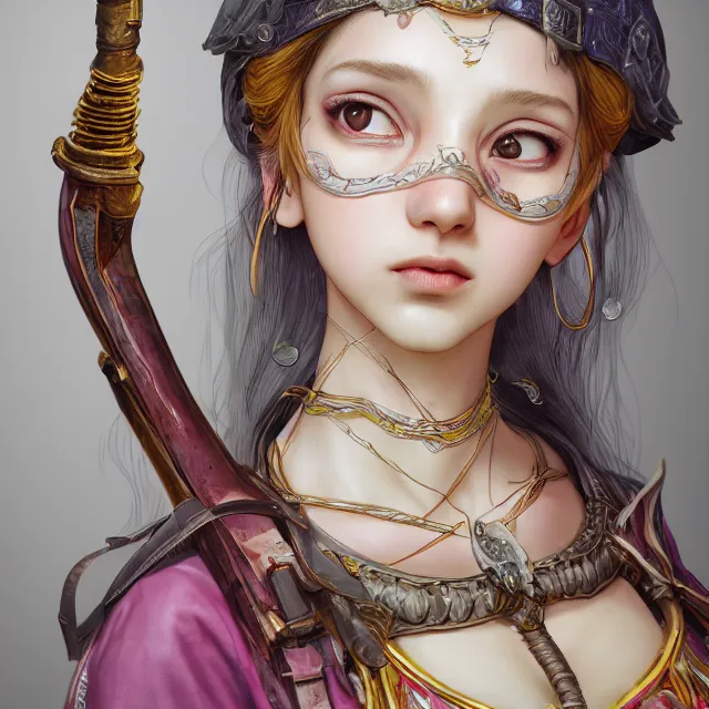 Image similar to studio portrait of neutral good colorful female cleric bard healer as absurdly beautiful, elegant, young skinny gravure idol, ultrafine hyperrealistic detailed face illustration by kim jung gi, irakli nadar, intricate linework, sharp focus, bright colors, matte, octopath traveler, final fantasy, unreal engine highly rendered, global illumination, radiant light, intricate environment