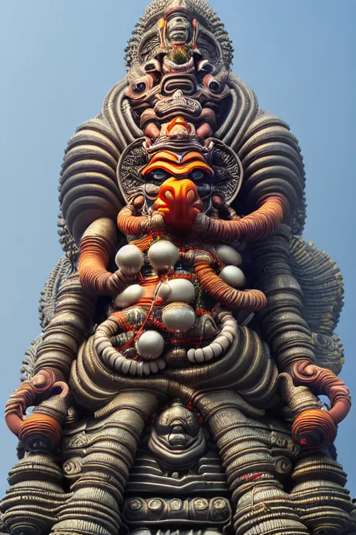 Image similar to high quality 3 d futuristic biomrphic hanuman! head building in mumbai!! centre, kalighat, highly detailed, cinematic smooth, berenice abbott & john j. park, dramatic warm morning light, long shot, low angle, uhd 8 k, sharp focus