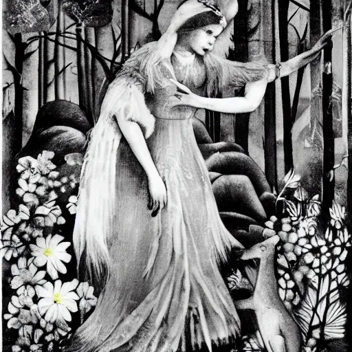 Image similar to In the print Vasilisa can be seen standing in the forest, surrounded by animals. She is holding a basket of flowers in one hand and a spindle in the other. Her face is turned towards the viewer, with a gentle expression. In the background, the forest is depicted as a dark and mysterious place. hollywood cerise, Monster Rancher by Hannah Hoch