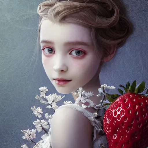 Image similar to the portrait of an absurdly beautiful, graceful, elegant, sophisticated, fashionable little girl made of strawberries and white petals looking down, an ultrafine hyperdetailed illustration by kim jung gi, irakli nadar, intricate linework, bright colors, octopath traveler, final fantasy, unreal engine 5 highly rendered, global illumination, radiant light, detailed and intricate environment