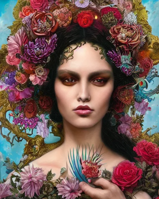 Image similar to portrait of the mexican queen of the underworld, surrounded by flowers by karol bak, james jean, tom bagshaw, rococo, sharp focus, trending on artstation, cinematic lighting, hyper realism, octane render, 8 k, hyper detailed.