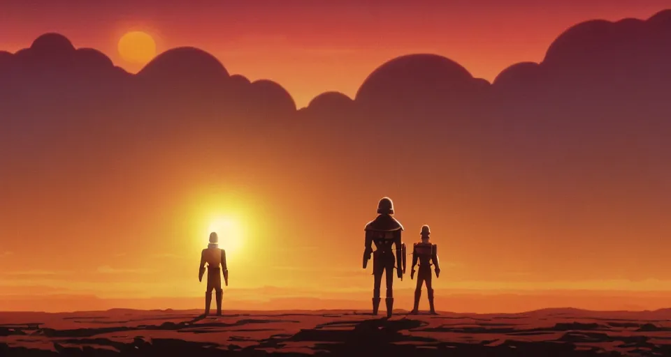 Image similar to beautiful wide shot tatooine landscape obi wan kenobi Luke skywalker droids binary sunset in Star Wars a new hope 1977 by studio ghibli, Miyazaki, animation, highly detailed, 70mm